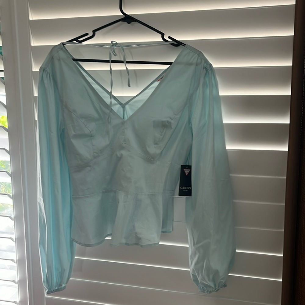 Guess Blue Cotton Long Sleeve  V-Neck Blouse